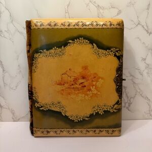 Antique Victorian photo album green celluloid cover rust tan velvet